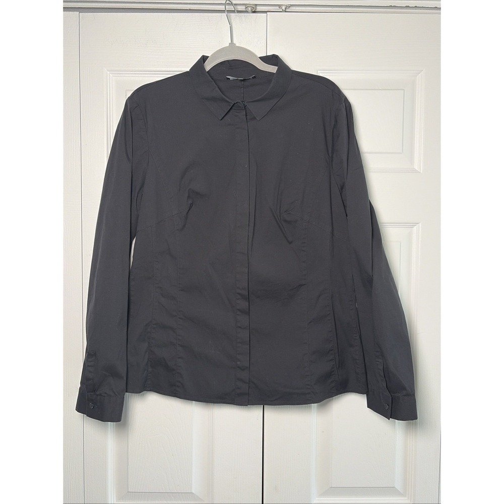 Lafayette 148 New York Hidden Placket Blouse Womens Size 16 Black Cotton Stretch